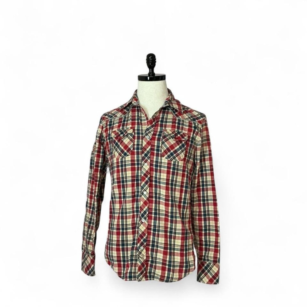 Tankfarm Plaid‎ Western Shirt Mens Medium Red Beige Blue Long Sleeve Patche